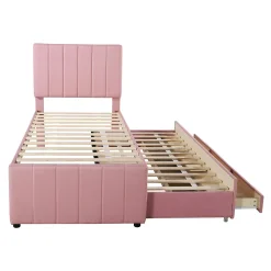 Lit Gigogne 90x200 cm - Lit Simple enfant avec Tiroirs et Couchage d'Ombre, Revêtement en Lin Doux, Sans Matelas - Rose><noscript><img width=
