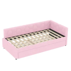 Okwish Lit Gigogne 90x200 cm - Lit Tiroir et Lampe Intégrée avec Ports USB et Type-C - Sans Matelas - Rose Imitation Laine* Lit Gigogne