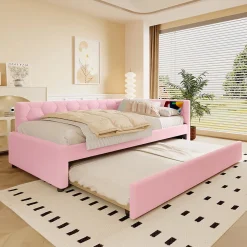 Okwish Lit Gigogne 90x200 cm - Lit Tiroir et Lampe Intégrée avec Ports USB et Type-C - Sans Matelas - Rose Imitation Laine* Lit Gigogne