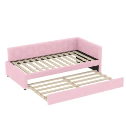 Okwish Lit Gigogne 90x200 cm - Lit Tiroir et Lampe Intégrée avec Ports USB et Type-C - Sans Matelas - Rose Imitation Laine* Lit Gigogne