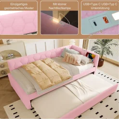 Okwish Lit Gigogne 90x200 cm - Lit Tiroir et Lampe Intégrée avec Ports USB et Type-C - Sans Matelas - Rose Imitation Laine* Lit Gigogne