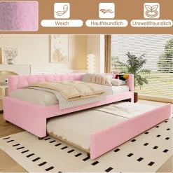 Okwish Lit Gigogne 90x200 cm - Lit Tiroir et Lampe Intégrée avec Ports USB et Type-C - Sans Matelas - Rose Imitation Laine* Lit Gigogne