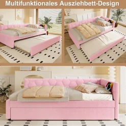 Okwish Lit Gigogne 90x200 cm - Lit Tiroir et Lampe Intégrée avec Ports USB et Type-C - Sans Matelas - Rose Imitation Laine* Lit Gigogne
