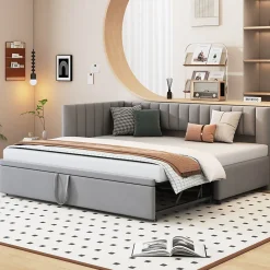 Lit Gigogne 90/180x200 cm - L-Shaped avec Lit Coulissant pour enfants et Invités, Multifonction, Velours Gris Clair, Sans Matelas>Okwish Sale