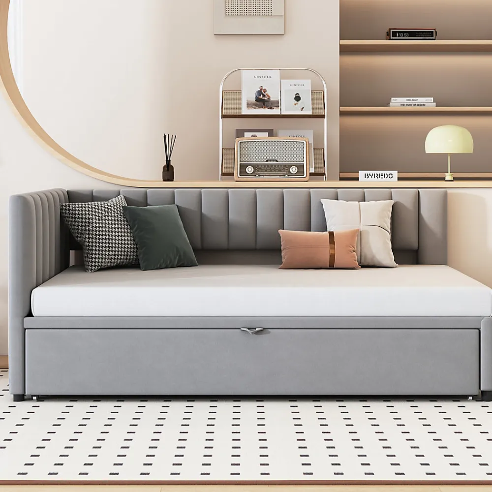 Lit Gigogne 90/180x200 cm - L-Shaped avec Lit Coulissant pour enfants et Invités, Multifonction, Velours Gris Clair, Sans Matelas>Okwish Sale