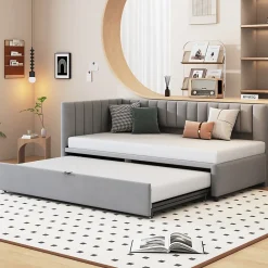 Lit Gigogne 90/180x200 cm - L-Shaped avec Lit Coulissant pour enfants et Invités, Multifonction, Velours Gris Clair, Sans Matelas><noscript><img width=