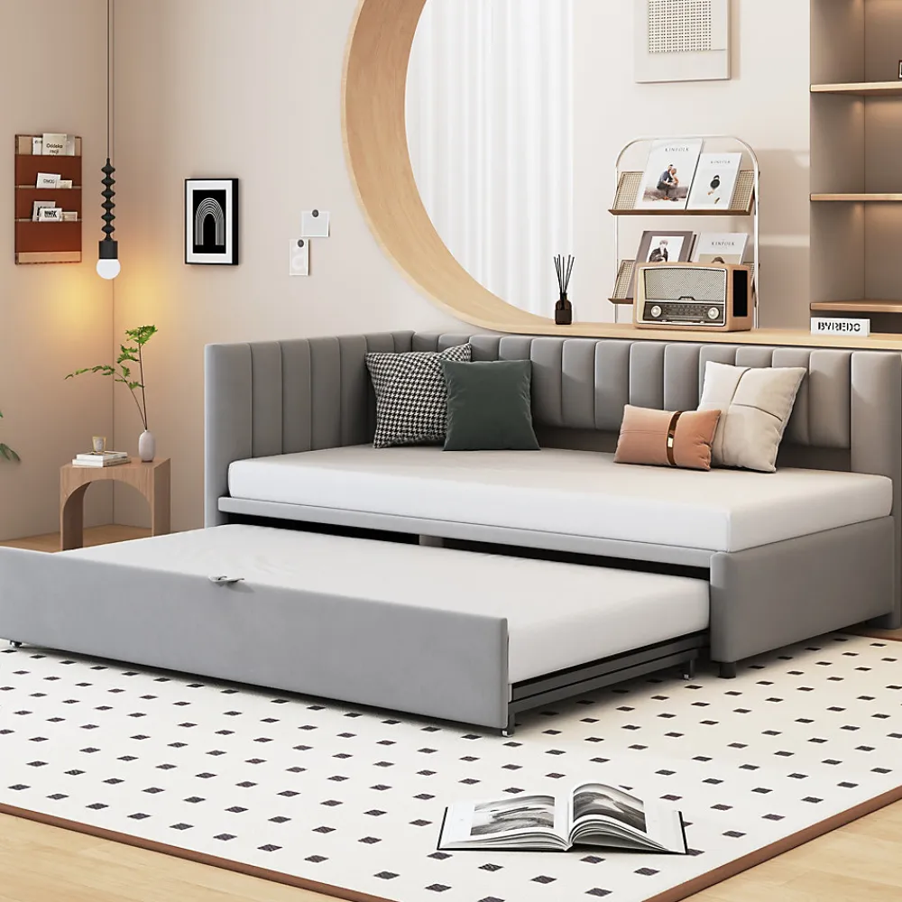 Lit Gigogne 90/180x200 cm - L-Shaped avec Lit Coulissant pour enfants et Invités, Multifonction, Velours Gris Clair, Sans Matelas>Okwish Sale