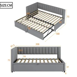 Lit Gigogne 90/180x200 cm - L-Shaped avec Lit Coulissant pour enfants et Invités, Multifonction, Velours Gris Clair, Sans Matelas><noscript><img width=