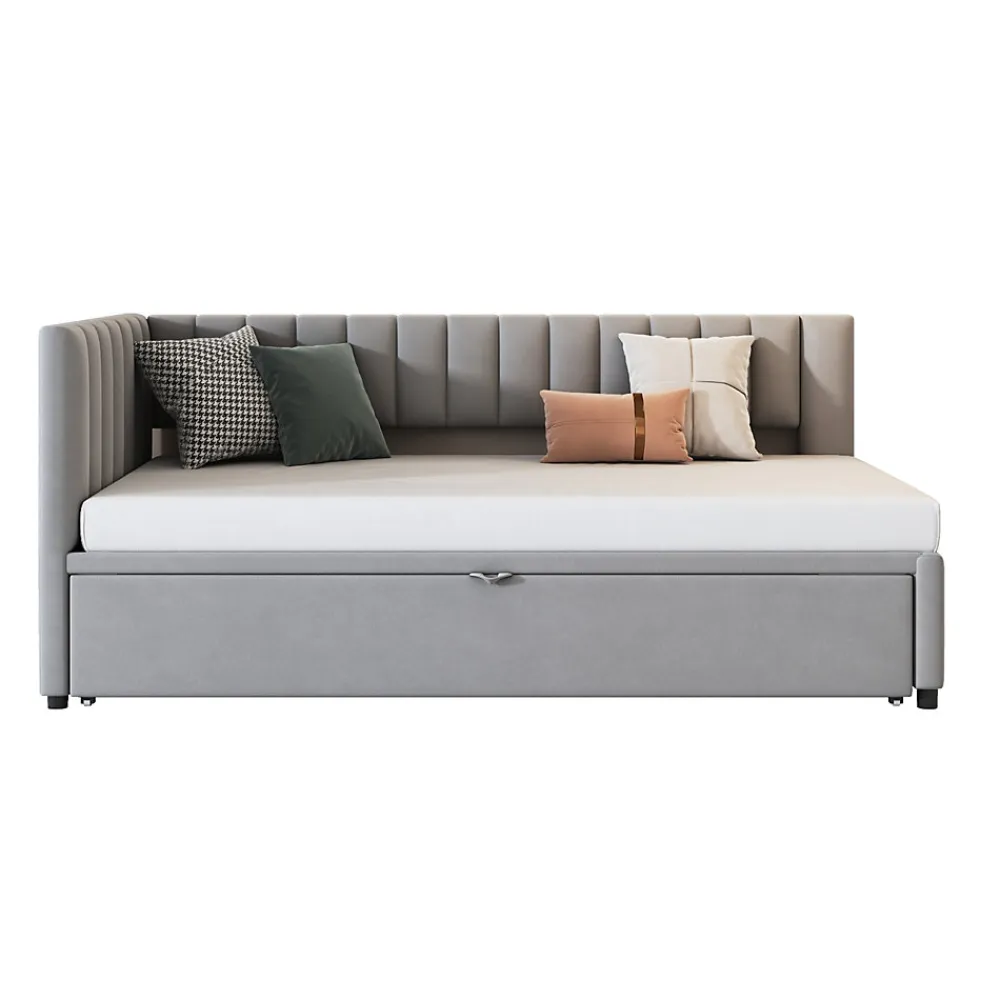 Lit Gigogne 90/180x200 cm - L-Shaped avec Lit Coulissant pour enfants et Invités, Multifonction, Velours Gris Clair, Sans Matelas>Okwish Sale