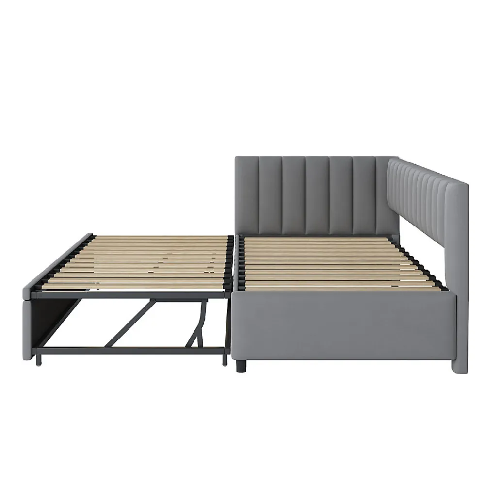 Lit Gigogne 90/180x200 cm - L-Shaped avec Lit Coulissant pour enfants et Invités, Multifonction, Velours Gris Clair, Sans Matelas>Okwish Sale