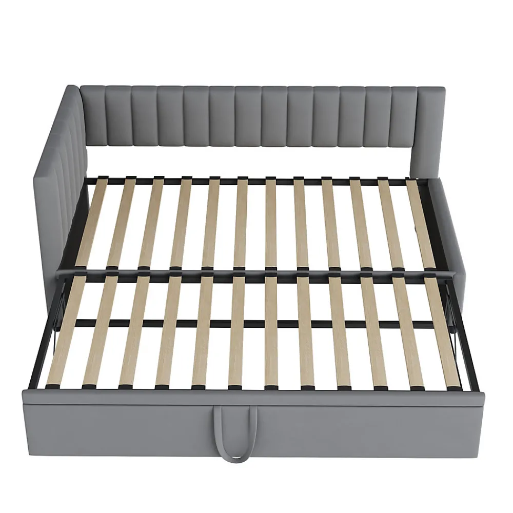 Lit Gigogne 90/180x200 cm - L-Shaped avec Lit Coulissant pour enfants et Invités, Multifonction, Velours Gris Clair, Sans Matelas>Okwish Sale