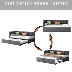 Okwish Lit Gigogne 90/180x200 cm - L-Shaped avec Lit Coulissant, Convertible pour enfants et Invités, Velours Gris Foncé, Sans Matelas* Lit Gigogne