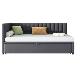 Okwish Lit Gigogne 90/180x200 cm - L-Shaped avec Lit Coulissant, Convertible pour enfants et Invités, Velours Gris Foncé, Sans Matelas* Lit Gigogne
