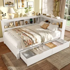 Okwish Lit gigogne 140x200 cm ado avec couchage supplémentaire 90x190 cm, prises et 2 ports USB, structure pin+MDF blanc* Lit Gigogne
