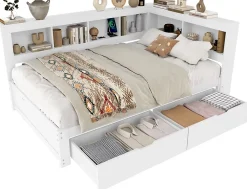 Okwish Lit gigogne 140x200 cm ado avec couchage supplémentaire 90x190 cm, prises et 2 ports USB, structure pin+MDF blanc* Lit Gigogne