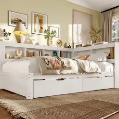 Okwish Lit gigogne 140x200 cm ado avec couchage supplémentaire 90x190 cm, prises et 2 ports USB, structure pin+MDF blanc* Lit Gigogne