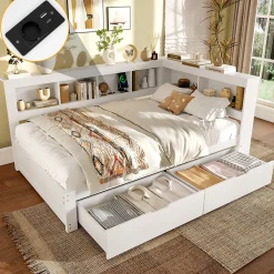 Okwish Lit gigogne 140x200 cm ado avec couchage supplémentaire 90x190 cm, prises et 2 ports USB, structure pin+MDF blanc* Lit Gigogne