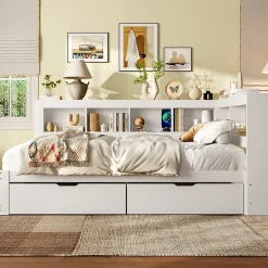 Okwish Lit gigogne 140x200 cm ado avec couchage supplémentaire 90x190 cm, prises et 2 ports USB, structure pin+MDF blanc* Lit Gigogne
