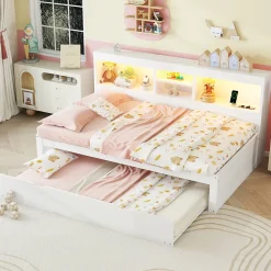 Okwish Lit gigogne 90x200 cm ado/enfant avec tiroir coulissant, LED télécommandée, ports USB, prise électrique et rangement - blanc* Lit Gigogne