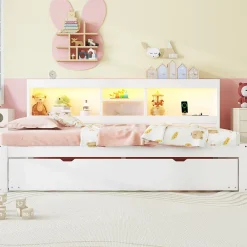 Okwish Lit gigogne 90x200 cm ado/enfant avec tiroir coulissant, LED télécommandée, ports USB, prise électrique et rangement - blanc* Lit Gigogne