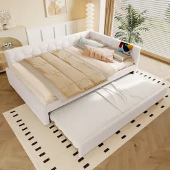 Lit gigogne 140x200 cm avec lit tiroir, lampe intégrée, ports USB et Type-C - 2 couchages gain de place - imitation laine blanc>Okwish Sale