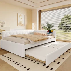Lit gigogne 140x200 cm avec lit tiroir, lampe intégrée, ports USB et Type-C - 2 couchages gain de place - imitation laine blanc>Okwish Sale