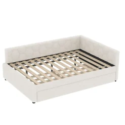 Lit gigogne 140x200 cm avec lit tiroir, lampe intégrée, ports USB et Type-C - 2 couchages gain de place - imitation laine blanc><noscript><img width=