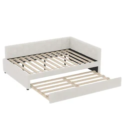 Lit gigogne 140x200 cm avec lit tiroir, lampe intégrée, ports USB et Type-C - 2 couchages gain de place - imitation laine blanc><noscript><img width=