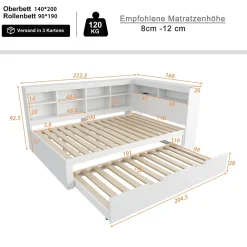 Okwish Lit Gigogne 140x200 cm avec Lit Tiroir 90x190 cm, en Bois Massif avec Rangement et Prise USB Intégrée, Lit Multifonction Blanc* Lit Gigogne