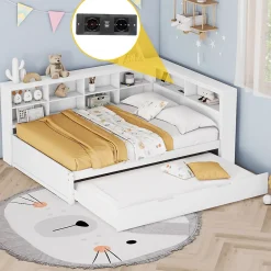 Okwish Lit Gigogne 140x200 cm avec Lit Tiroir 90x190 cm, en Bois Massif avec Rangement et Prise USB Intégrée, Lit Multifonction Blanc* Lit Gigogne