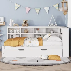 Okwish Lit Gigogne 140x200 cm avec Lit Tiroir 90x190 cm, en Bois Massif avec Rangement et Prise USB Intégrée, Lit Multifonction Blanc* Lit Gigogne