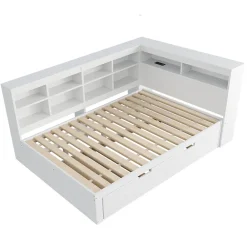 Okwish Lit Gigogne 140x200 cm avec Lit Tiroir 90x190 cm, en Bois Massif avec Rangement et Prise USB Intégrée, Lit Multifonction Blanc* Lit Gigogne