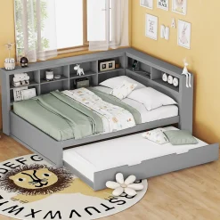 Lit Gigogne 140x200 cm avec Lit Tiroir 90x190 cm, en Bois Massif avec Rangement et Prise USB Intégrée, Lit Multifonction Gris>Okwish