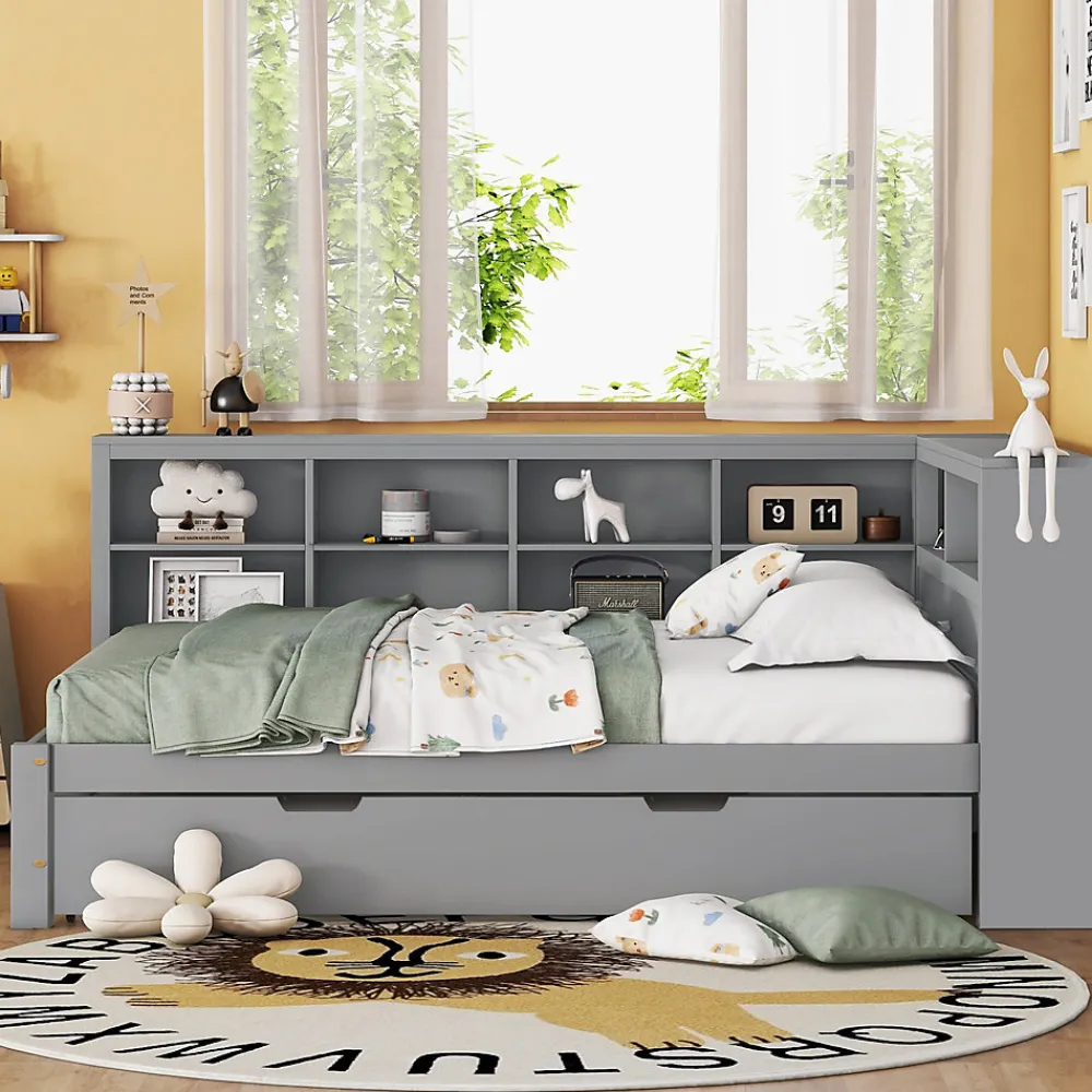 Lit Gigogne 140x200 cm avec Lit Tiroir 90x190 cm, en Bois Massif avec Rangement et Prise USB Intégrée, Lit Multifonction Gris>Okwish