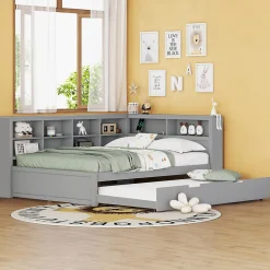 Lit Gigogne 140x200 cm avec Lit Tiroir 90x190 cm, en Bois Massif avec Rangement et Prise USB Intégrée, Lit Multifonction Gris><noscript><img width=