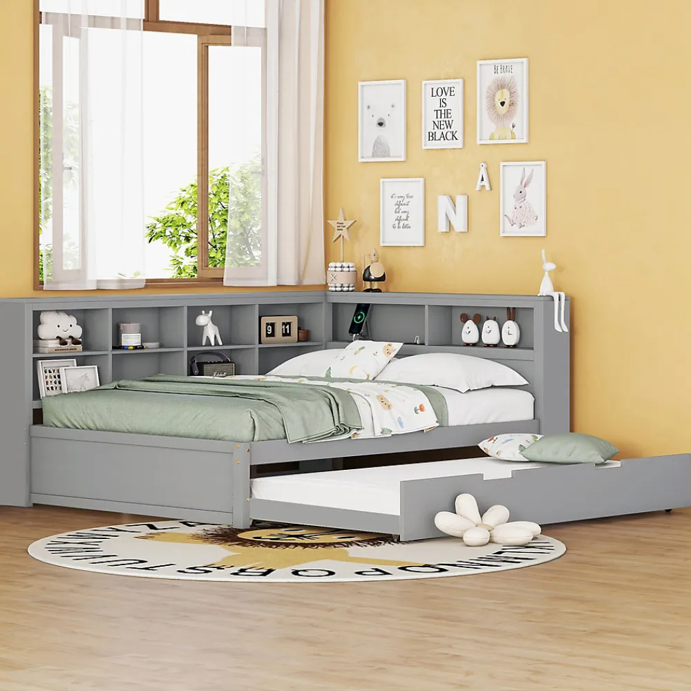 Lit Gigogne 140x200 cm avec Lit Tiroir 90x190 cm, en Bois Massif avec Rangement et Prise USB Intégrée, Lit Multifonction Gris>Okwish