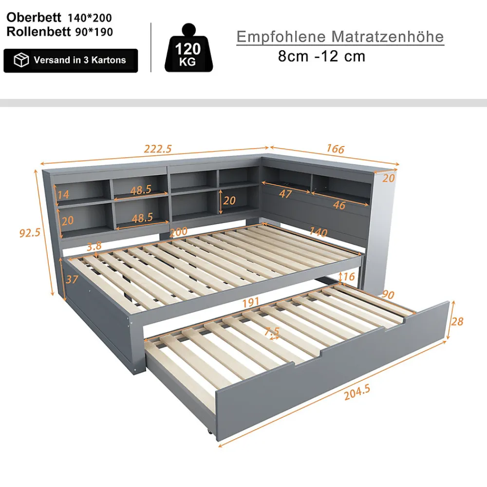 Lit Gigogne 140x200 cm avec Lit Tiroir 90x190 cm, en Bois Massif avec Rangement et Prise USB Intégrée, Lit Multifonction Gris>Okwish