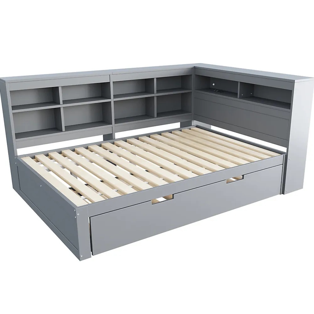 Lit Gigogne 140x200 cm avec Lit Tiroir 90x190 cm, en Bois Massif avec Rangement et Prise USB Intégrée, Lit Multifonction Gris>Okwish