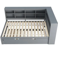 Lit Gigogne 140x200 cm avec Lit Tiroir 90x190 cm, en Bois Massif avec Rangement et Prise USB Intégrée, Lit Multifonction Gris><noscript><img width=