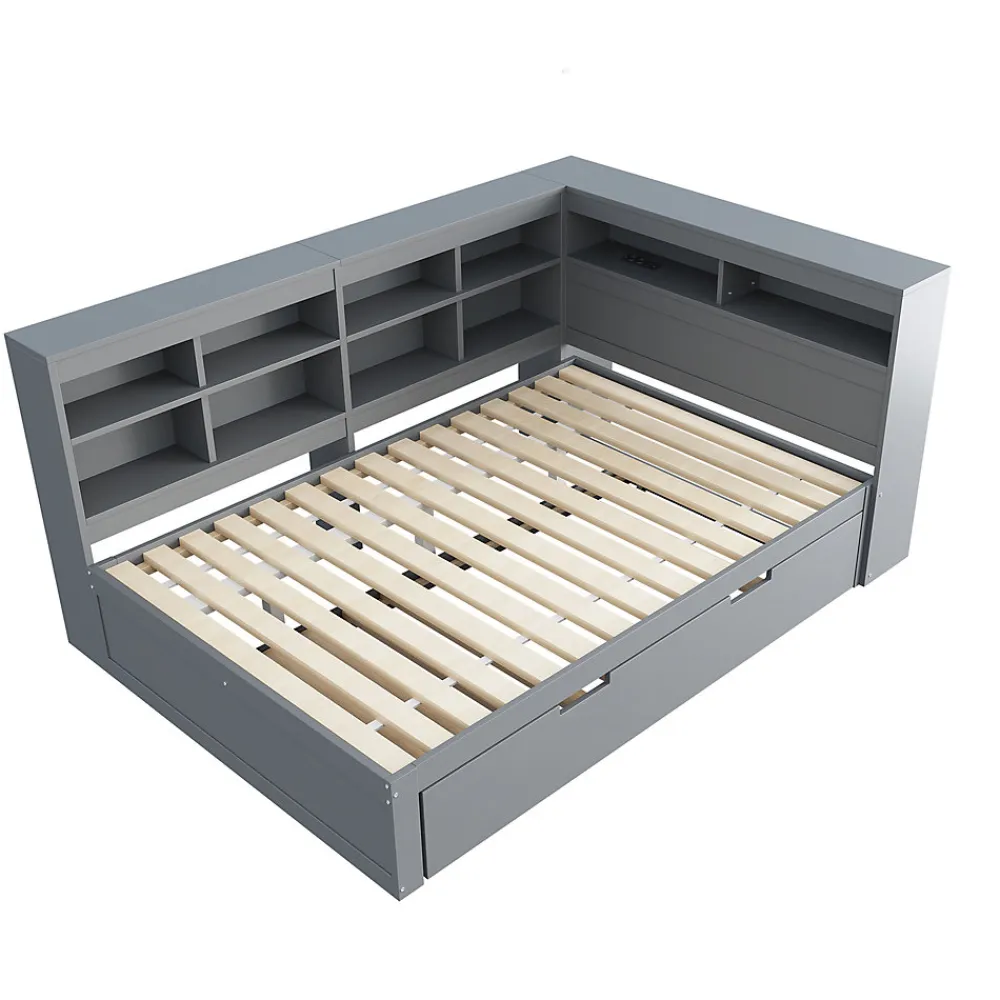 Lit Gigogne 140x200 cm avec Lit Tiroir 90x190 cm, en Bois Massif avec Rangement et Prise USB Intégrée, Lit Multifonction Gris>Okwish