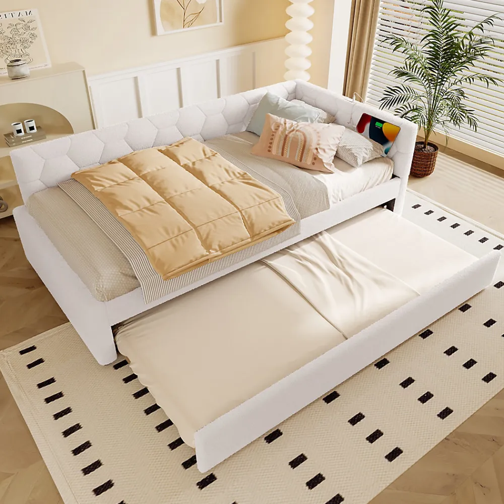 Lit gigogne 90x200 cm avec lit tiroir, lampe intégrée, ports USB et Type-C - 2 couchages gain de place - blanc imitation laine>Okwish Discount