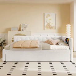 Lit gigogne 90x200 cm avec lit tiroir, lampe intégrée, ports USB et Type-C - 2 couchages gain de place - blanc imitation laine><noscript><img width=