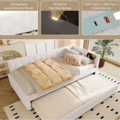 Lit gigogne 90x200 cm avec lit tiroir, lampe intégrée, ports USB et Type-C - 2 couchages gain de place - blanc imitation laine><noscript><img width=