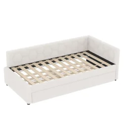 Lit gigogne 90x200 cm avec lit tiroir, lampe intégrée, ports USB et Type-C - 2 couchages gain de place - blanc imitation laine><noscript><img width=