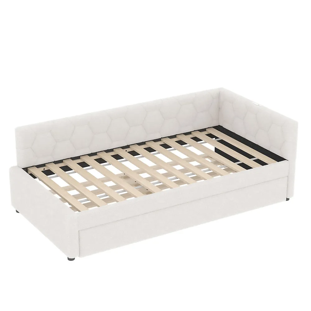 Lit gigogne 90x200 cm avec lit tiroir, lampe intégrée, ports USB et Type-C - 2 couchages gain de place - blanc imitation laine>Okwish Discount
