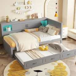 Lit gigogne 90x200 cm avec rangement latéral, LED télécommande et ports USB - sommier inclus - sans matelas - gris>Okwish Outlet