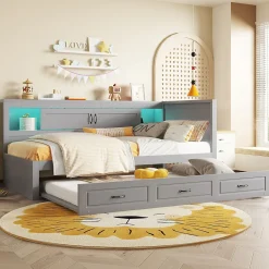 Lit gigogne 90x200 cm avec rangement latéral, LED télécommande et ports USB - sommier inclus - sans matelas - gris>Okwish Outlet