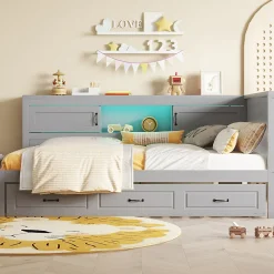 Lit gigogne 90x200 cm avec rangement latéral, LED télécommande et ports USB - sommier inclus - sans matelas - gris><noscript><img width=