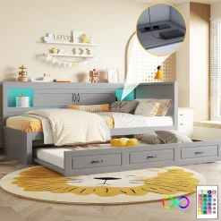 Lit gigogne 90x200 cm avec rangement latéral, LED télécommande et ports USB - sommier inclus - sans matelas - gris><noscript><img width=