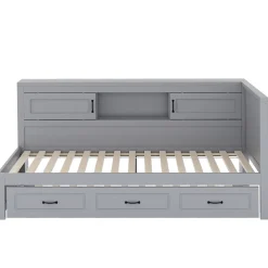 Lit gigogne 90x200 cm avec rangement latéral, LED télécommande et ports USB - sommier inclus - sans matelas - gris><noscript><img width=